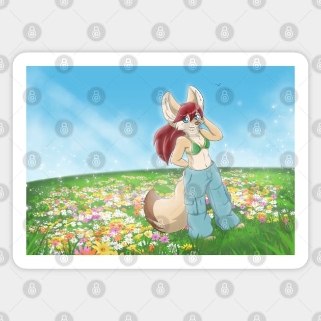Fennec Fox Girl on a Flower Field Sticker by Fennek